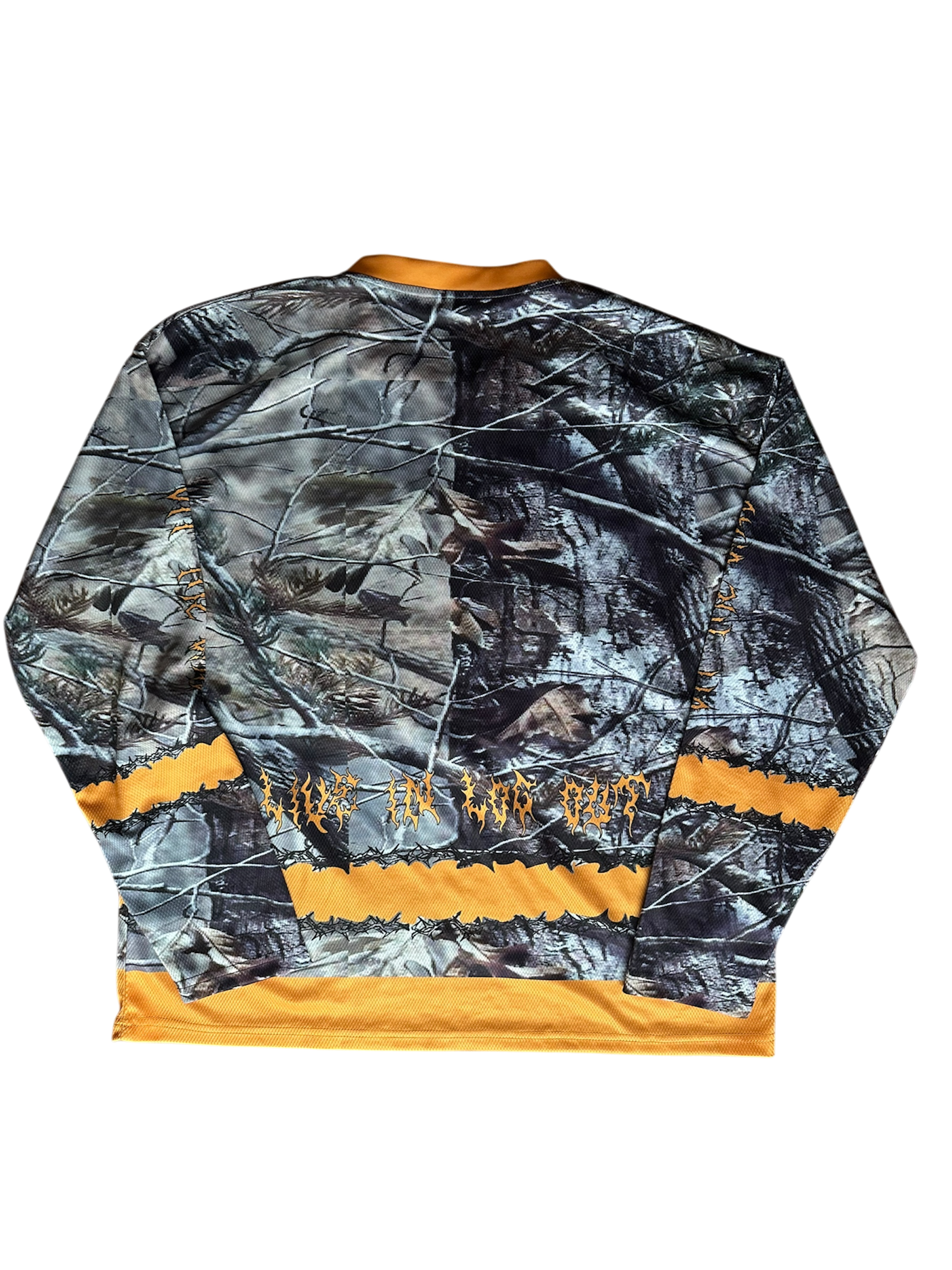 Back graphic details and branding on the Off The Grid camo hockey jersey.